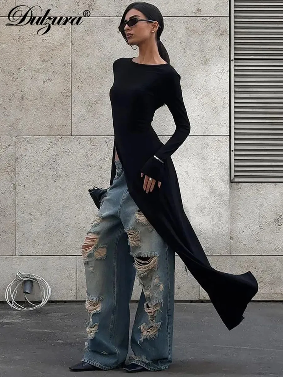 Dulzura Maxikleid mit langen Ärmeln und seitlichem hohem Schlitz, einfarbig, sexy, langes Kleid für Damen, Party, Club, Streetwear, Herbst-Winter-Outfit