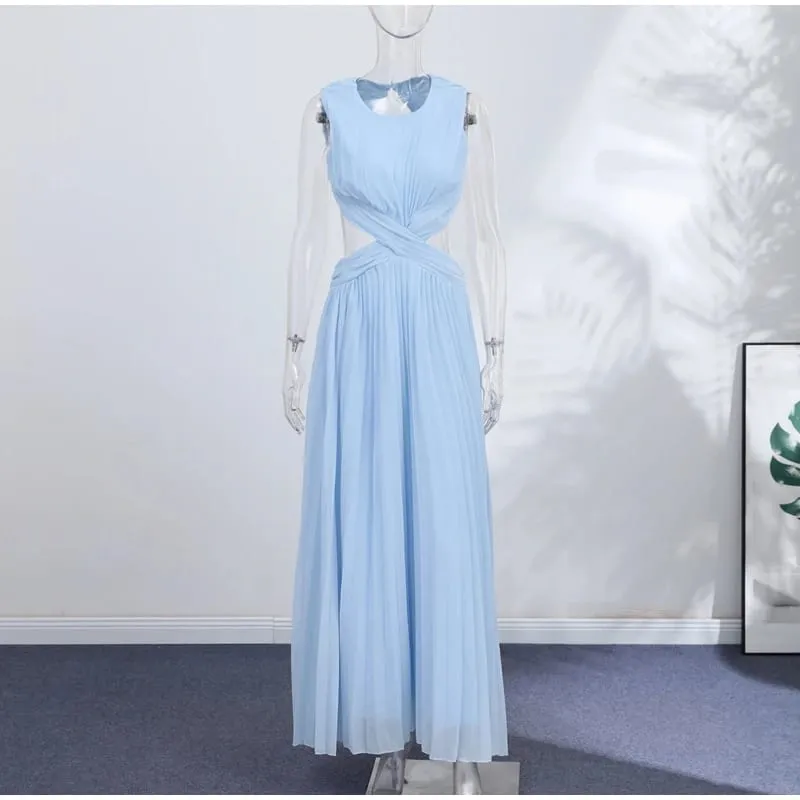 Hollow-out Pleated Maxi Dresses Women's Sleeveless Backless Waist-cinching O-neck Dress 2026 New Ladies Summer Vacation Outfit