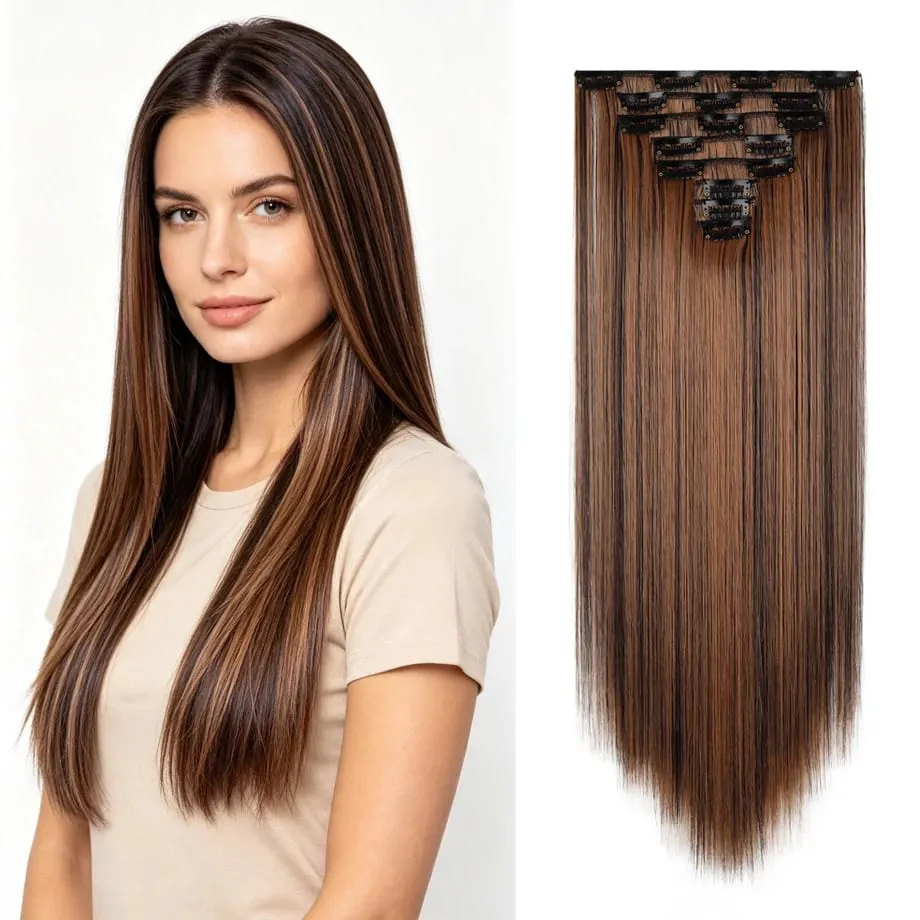 24 Inch 8Pcs Clip in Hair Extensions Long Straight Hair Extensions Soft Synthetic Hairpieces for Women Daily Fashion Hairstyle — image 2