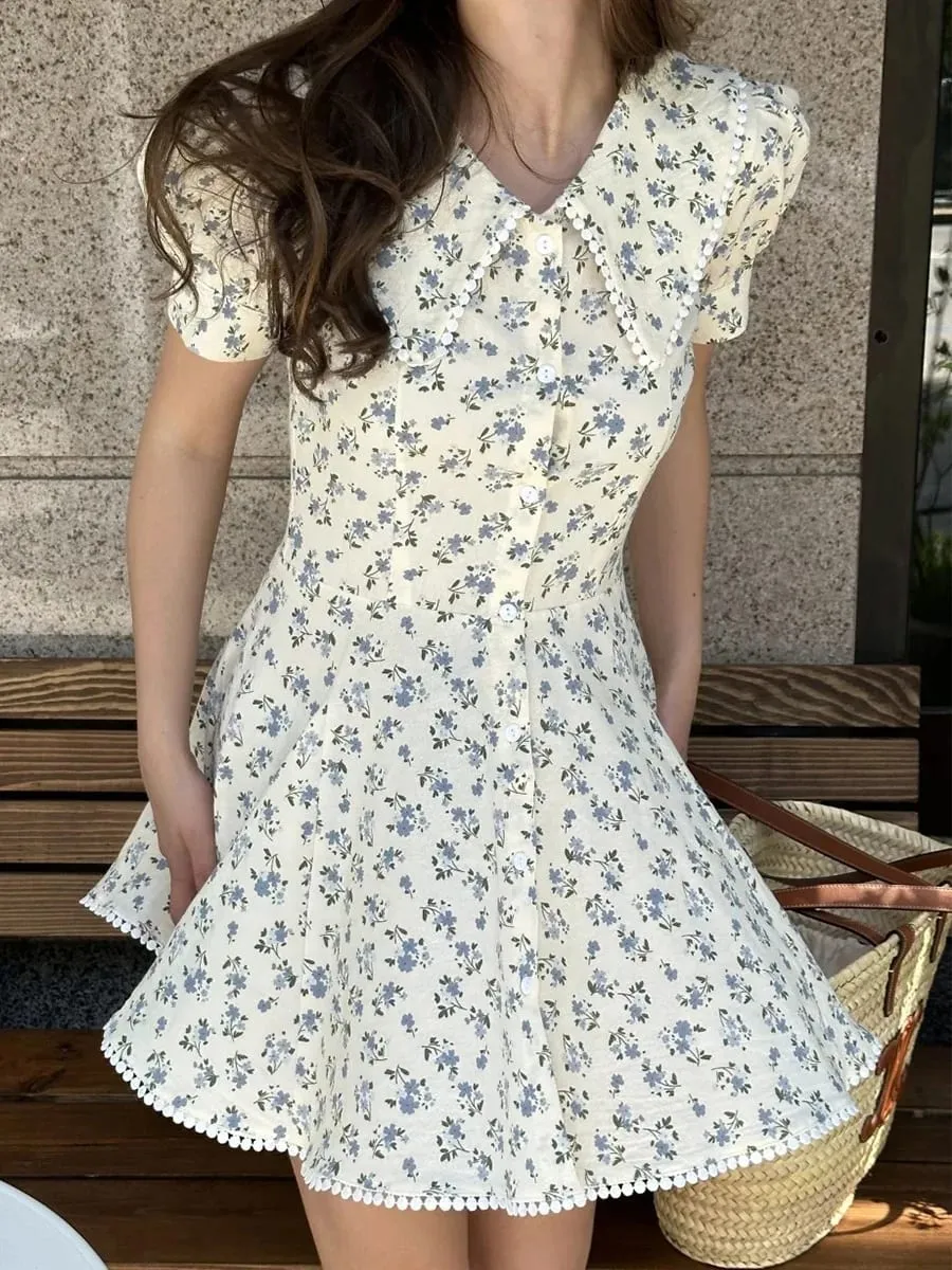 Bornladies 2026 Summer New Floral Short Sleeve Dress Women's Elegant Slim Fit Sweet Button Front Puff Sleeves Mini Dress — image 3