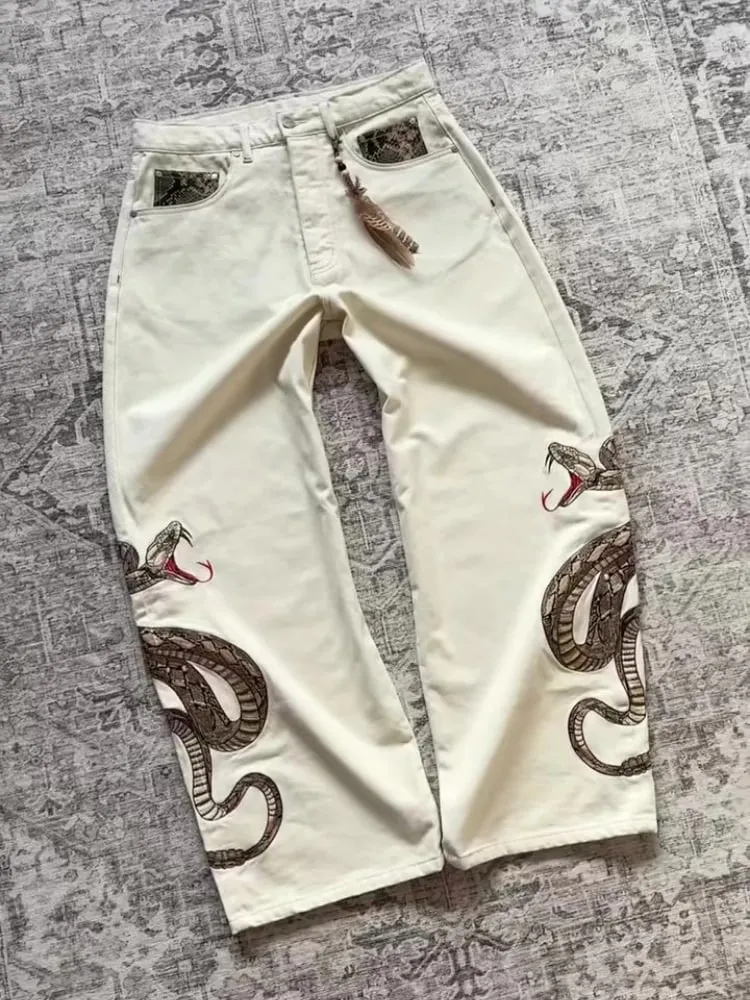 Streetwear Retro Snake Jeans Boa Embroidery Graphic Python Print Pocket Denim Pants Y2K Trend Unisex Baggy Straight Leg Pants — image 3