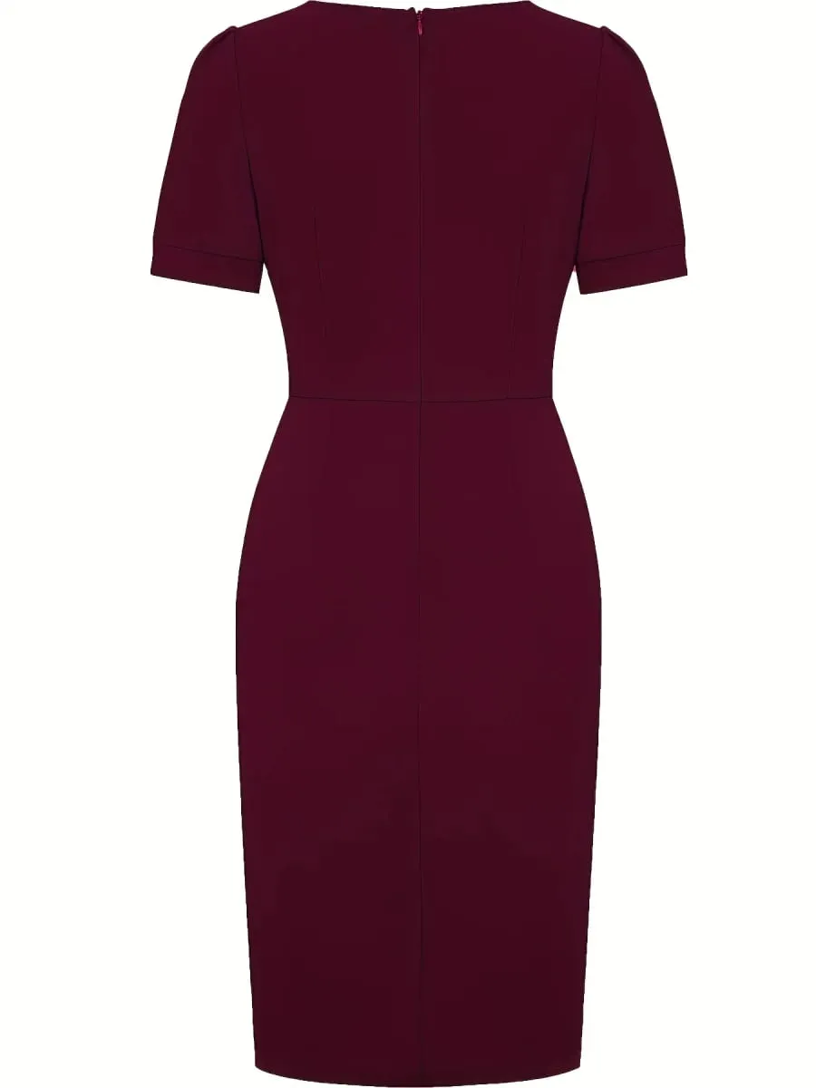 Women Puffy Sleeve V-Veck Vintage Slim Work Office Cocktail Party Knee Length Sheath Bodycon Pencil Slim Dress