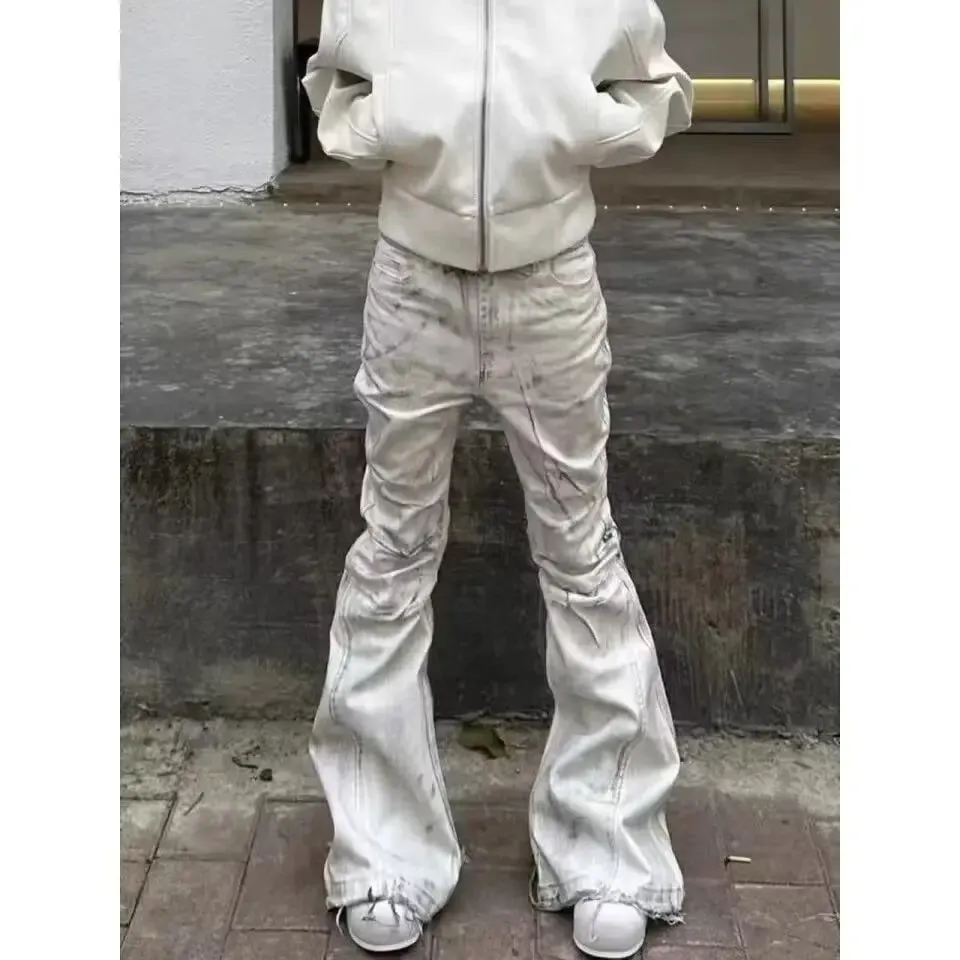 Women American Retro Y2K Flare Jeans White Washed Patchwork Y2K Vintage Hrajuku Punk High Waist Slim Streetwear Denim Pants — image 4