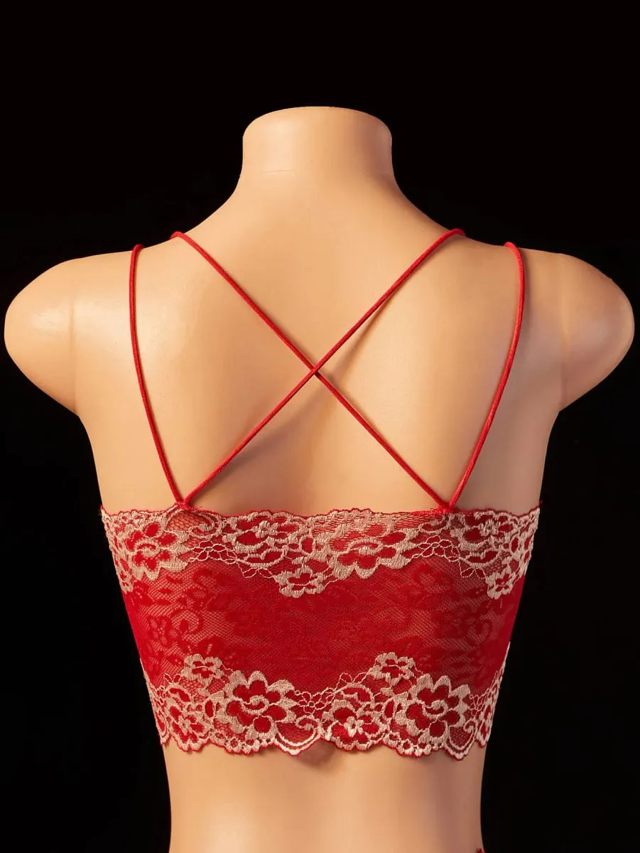 Colorblock Lace Lingerie Set Sheer Deep V Bralette Criss Cross Open Back Strappy Boudoir 2PC — image 3