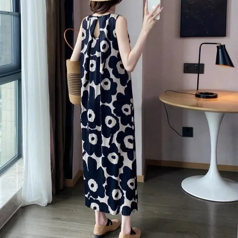 Miyake Pleated Sleeveless Dresses Plisse 2026 Summer New Loose Plus Size Fashion Casual Slimming Pleats Fold Printed Long Dress
