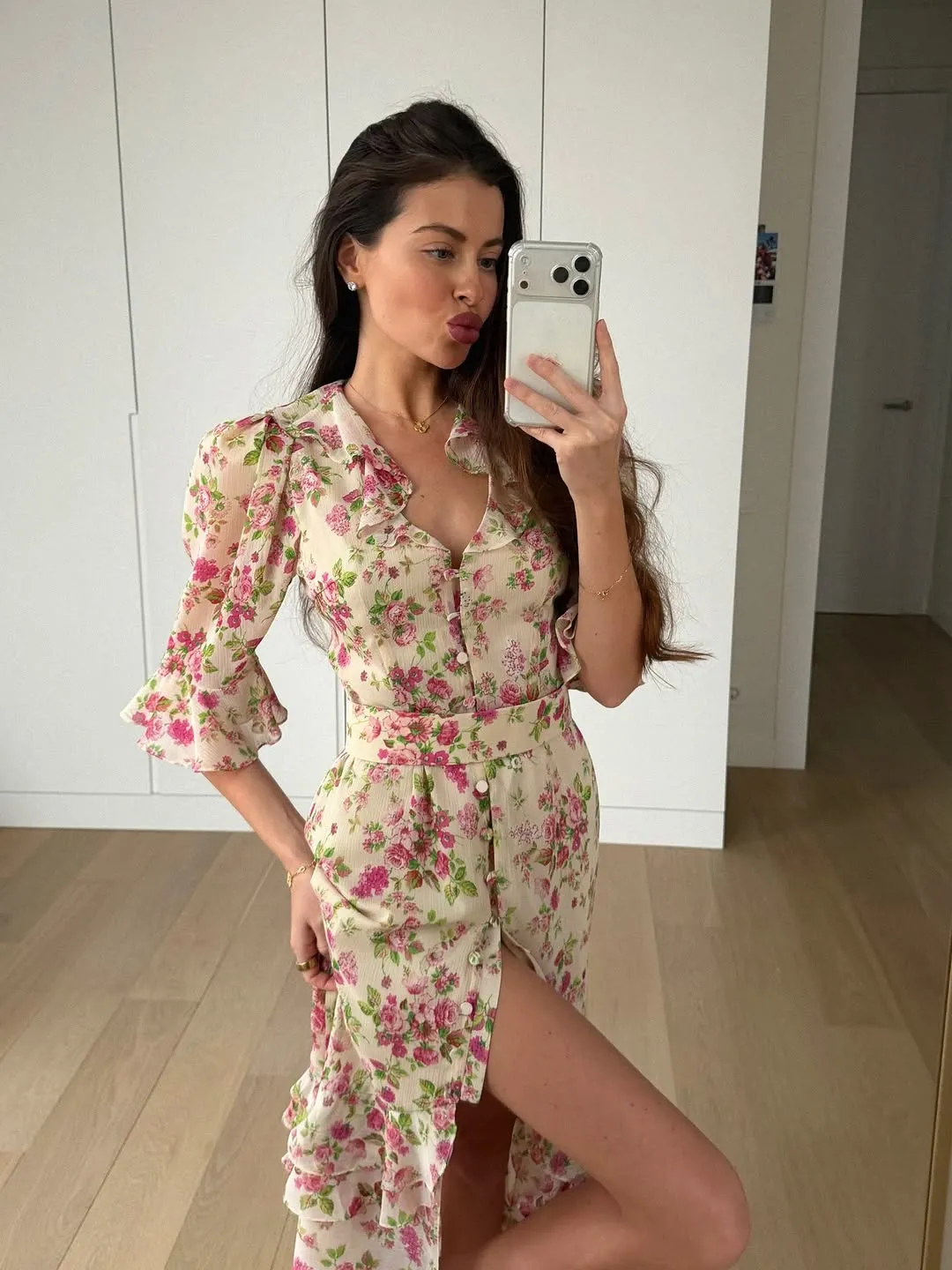 Floral Print Ruffle V Neck Waist Cinching Long Dresses Split Hem Single Breasted Maxi Dress 2026 Party Beach Vacation Vestidos — image 7