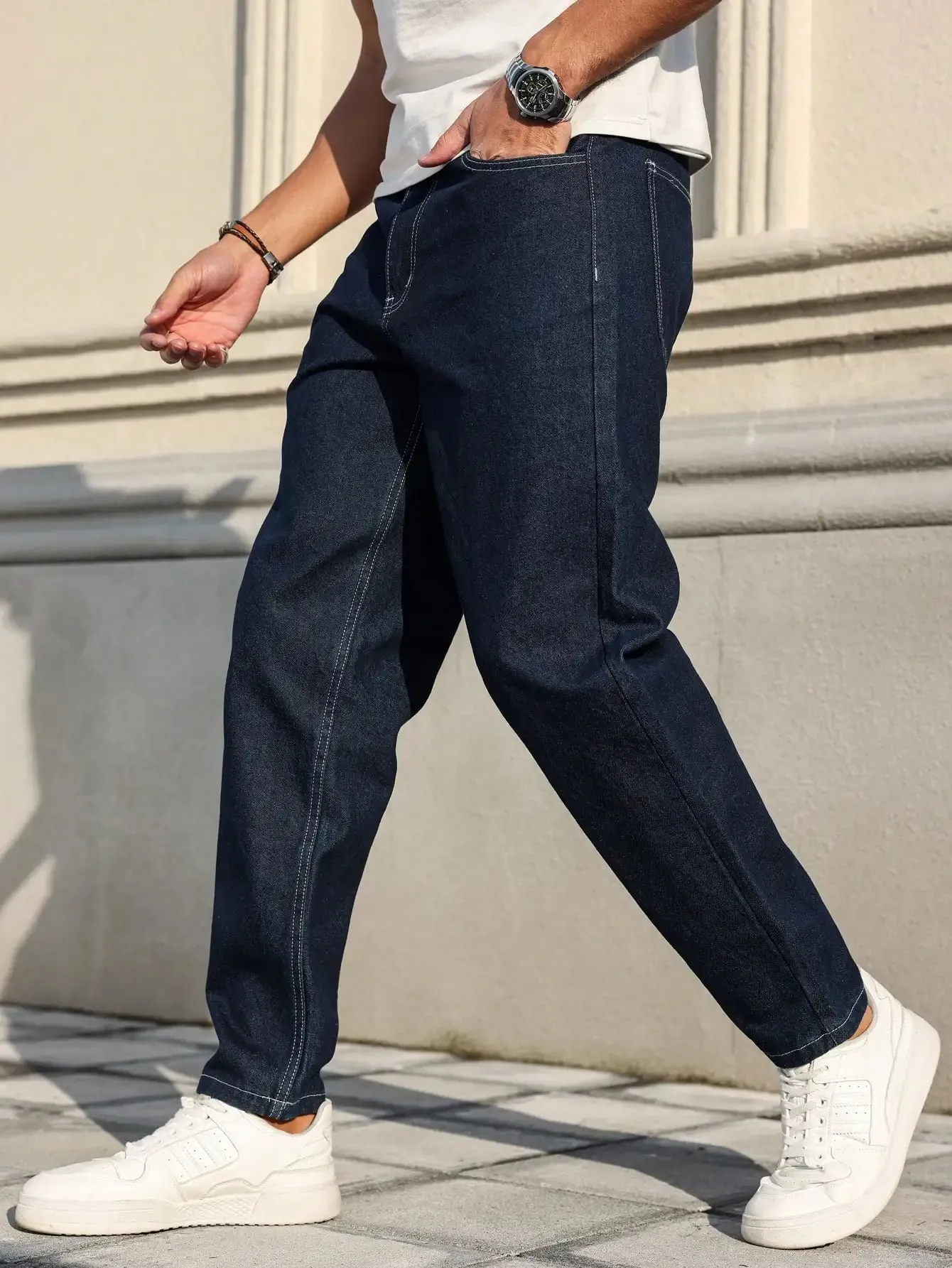 Men Raw Dark Blue Denim Jeans Contrast Stitching Loose Tapered Pants Vintage Non‑wash Straight Taper Trousers Streetwear — image 2
