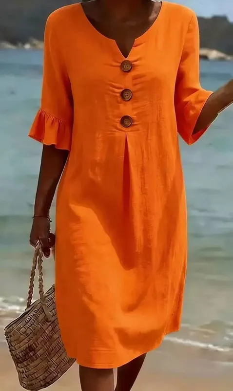 2026 Amazon European and American Cross-Border Spring and Summer New Cotton and Linen V-Neck Dress with Large Buttons and Ruffle — image 9