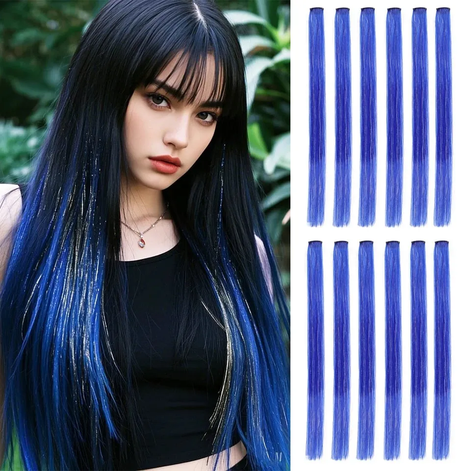 Synthetic Clip in Hair Extensions 12pcs/pack Clip in Colorful Hair Mixed Tinsels Glitter Hairpices for Women Girls Daily Party — image 2