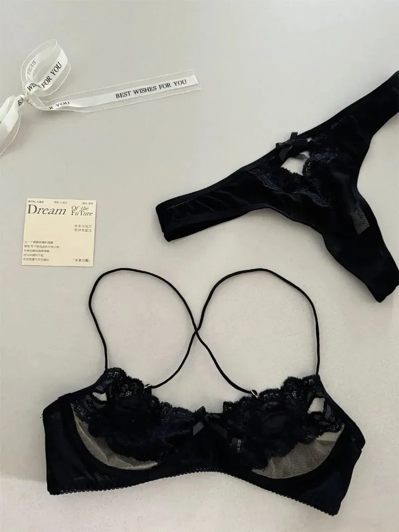 프랑스어 브래지어 속옷 세트 속이 빈 수집 보우 레이스 하프 컵 브래지어 여성 섹시한 란제리 초박형 유혹 에로틱 한 뜨거운 의상 — image 2
