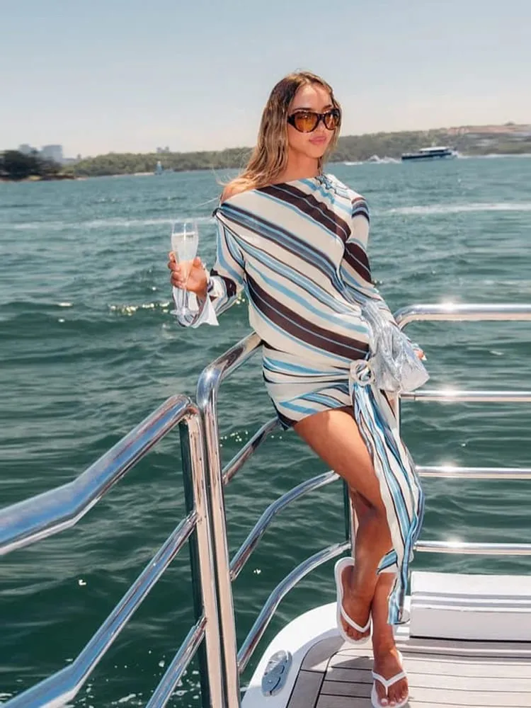Holiday Women's Dress Skew Collar Full Sleeve Stripe Print Female Short Dresses 2026 Spring New Vacation Beach Fashion Lady Robe — image 6