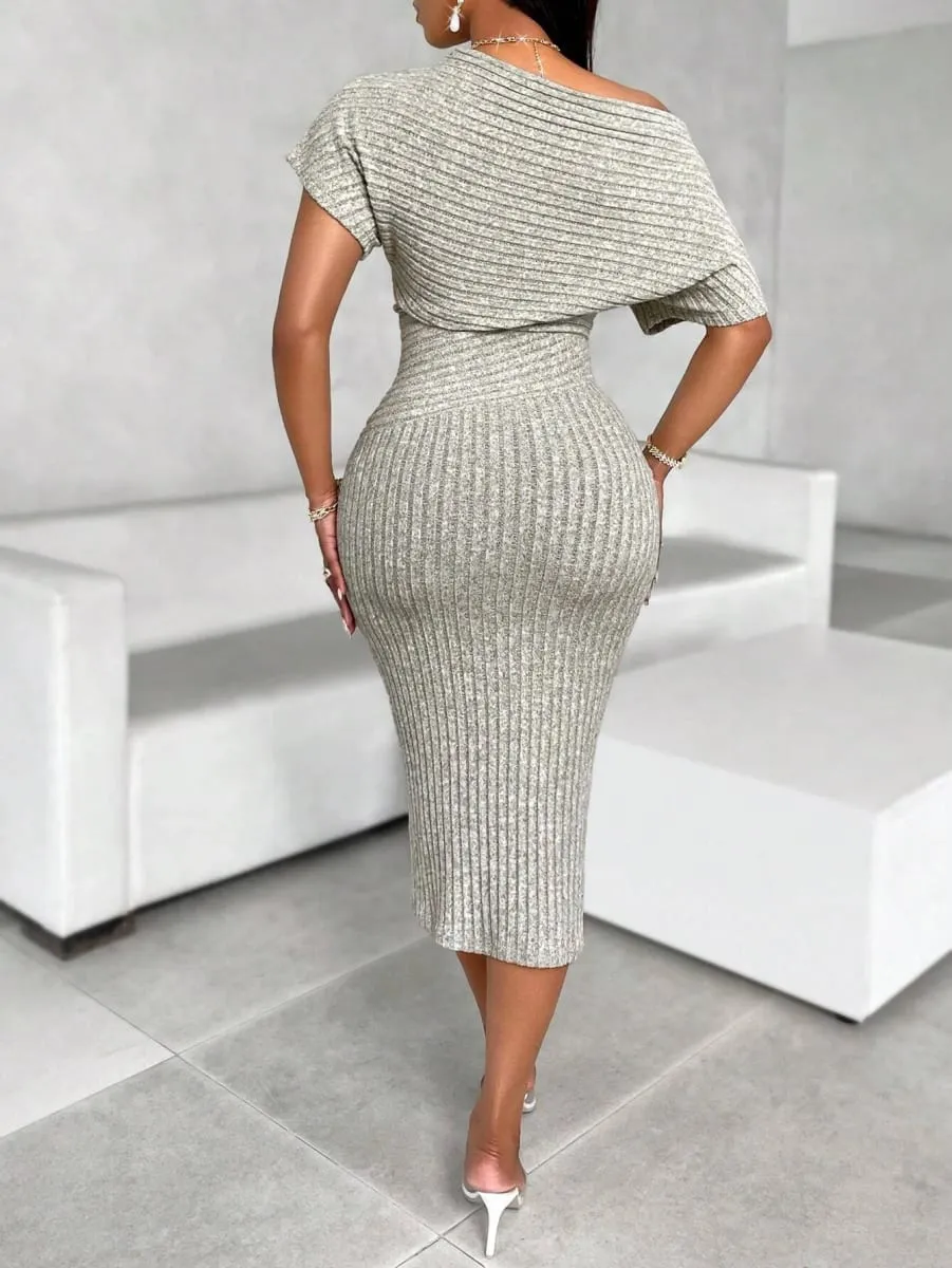 Women's Fashion Solid Color Asymmetric Shoulder Textured Fabric Dress — image 3