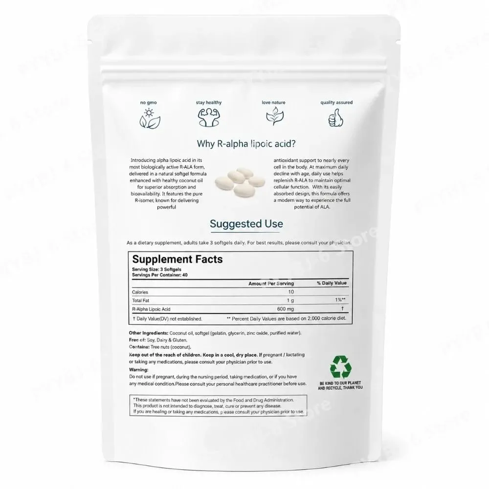 Alpha Lipoic Acid 600mg Softgels with MCT Oil Antioxidant Dietary Supplement Non GMO Gluten Free Soy Free 120 Softgels for Adult — image 7