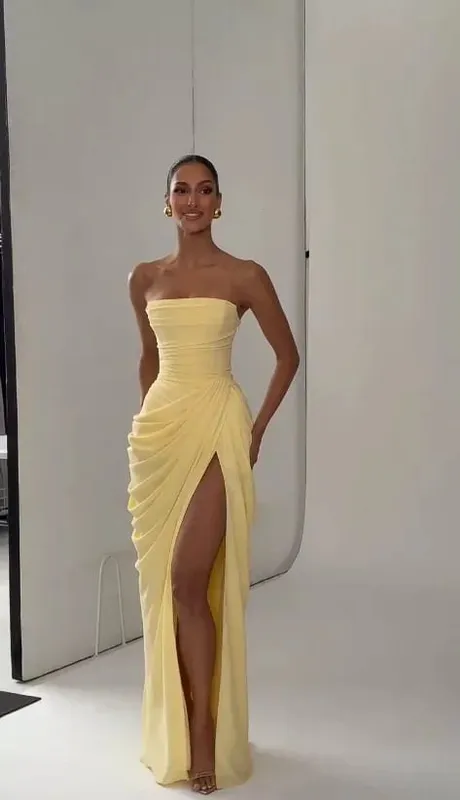 Solid Sexy Pleated Strapless Dress Women Chic Off-shoulder Backless High Waist Split Maxi Dresses 2026 New Evening Party Gown