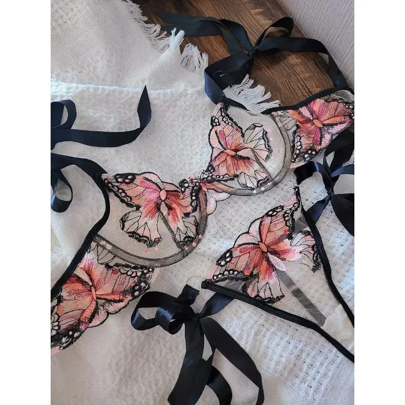 Reggente Pizzo Francese Farfalla Rete Trasparente Spalline Elastiche Senza Spugna Set Intimo S-XL Nuovo Morbido — image 1