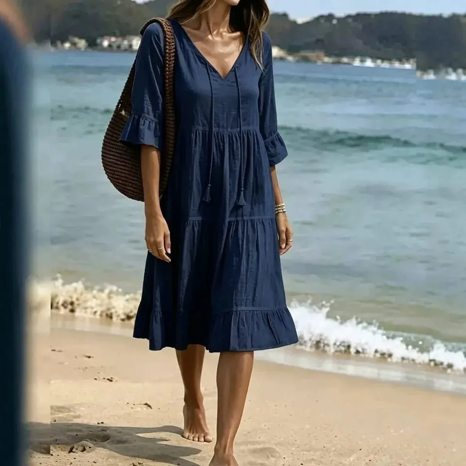 Women V Neck Tassel Drawstring Tiered Midi Dress 3/4 Flare Sleeve Loose Casual Beach Vacation Dress For Summer