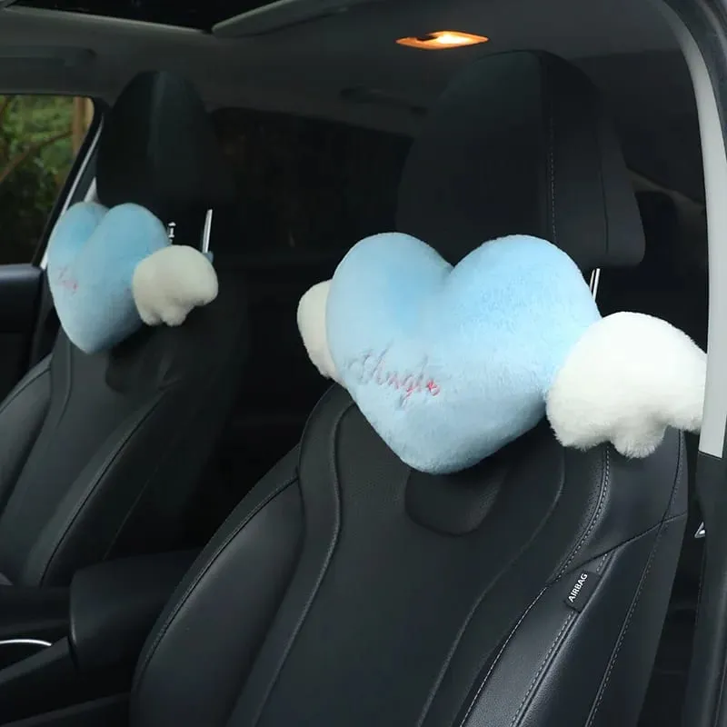 28x58cm 2Pcs Cute Heart‑Shaped Car Headrest Pillow With Angel Wings Soft Plush Auto Neck Support Cushion Car Seat Head Pillow — image 11