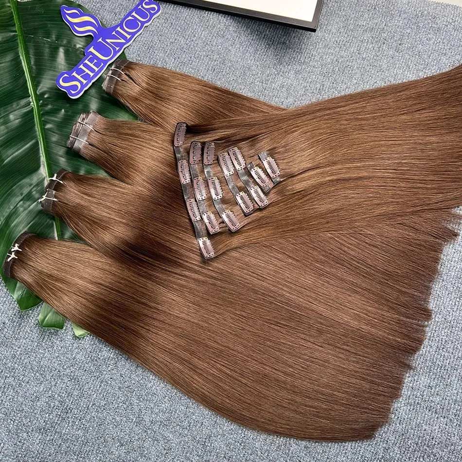 #2 Color Straight PU Clip Ins Hair Extensions 100% Human Hair 100g/Set 7pcs Seamless Invisible PU Weft Vietnam Hair For Women — image 5