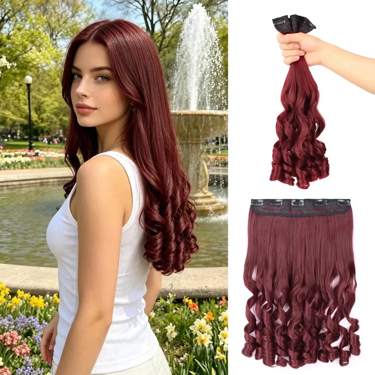 Synthetic Clip in One Piece Hair Extensions 5 Clips in one piece false hair 16inch French curl Style for women girls Daily Party — image 11