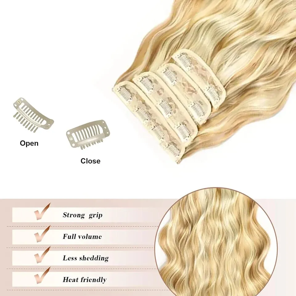 4 PCS Water Wave Clip In Hair Extensions Ombre Blonde Synthetic Natural Hairpieces For Women Lightweight All Day Wear — image 5
