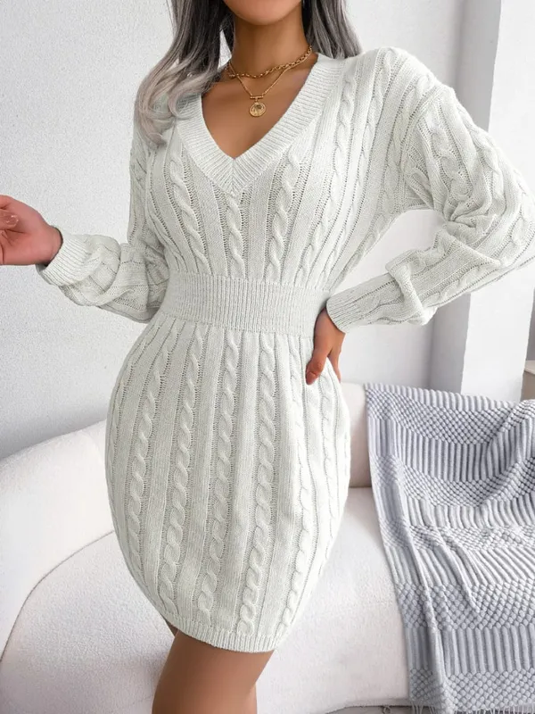 VigoCasey 2026 V Neck Casual Short Knit Dress Autumn Winter Women Solid Long Sleeve Dress Lady Khaki Bodycon Knitted Dresses — image 8