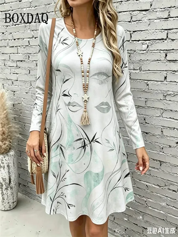 2026 New Women's Dresses Autumn Fashion Streetwear Abstract Painting Floral Print Dress Casual Long Sleeve Loose A-Line Dress — image 1