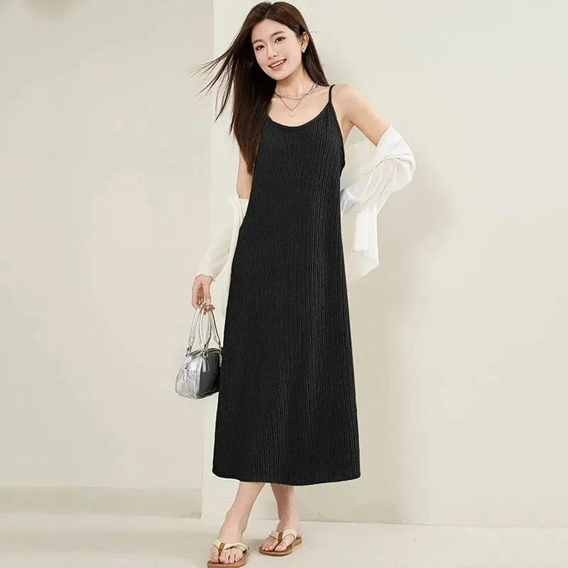 Women Spaghetti Strap Dress 2026 Summer Solid Color Loose Long Beach Sundress Lasy Elegant Sleeveless Evening Party Midi Dresses — image 5