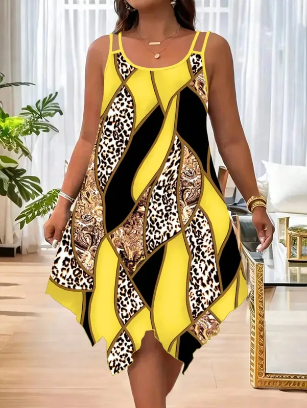 Plus-size women's fashion asymmetrical geometric stripes printed double strap dress — image 6
