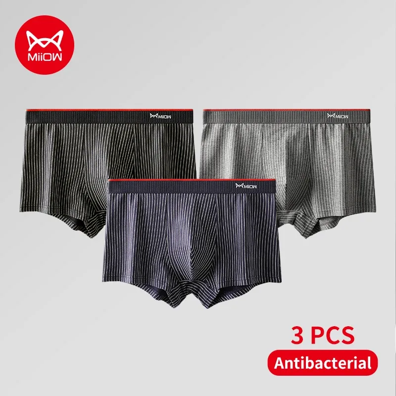 MiiOW 3Pcs Cotton Men's Boxer Underwear AAA Antibacterial Man Boxershorts Seamless Striped Men Underpants Boxer Male Boxer Short