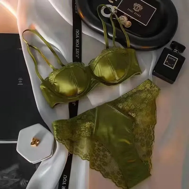 European -American sexy satin half cup comfortable upper support underwear set thin with steel ring green lace edge glossy bra — image 8