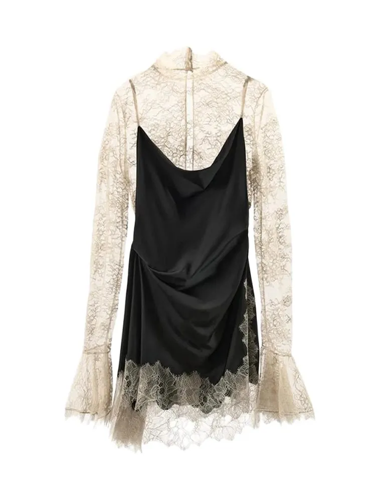 Elegant Women's Lace Trim Satin Dress High Neck Bell Sleeve Vintage Black Party Clubwear Chic Cocktail Mini Dresses Chic Outfit — image 2