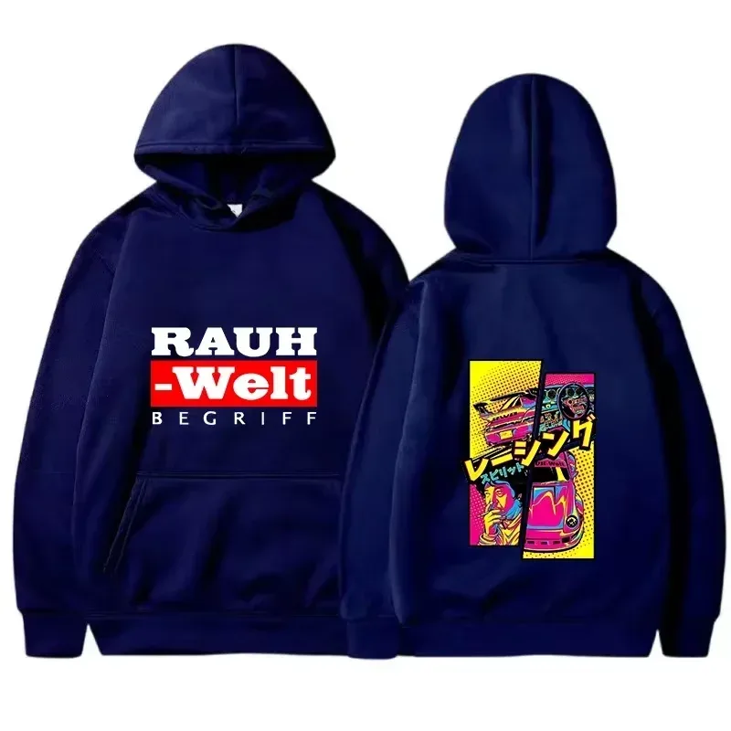 Rauh Welt هوديي سيارة واسعة الجسم ضبط JDM سباق فن البوب ​​الهزلي الجمالي الأسود المتضخم عادية البلوز كم طويل