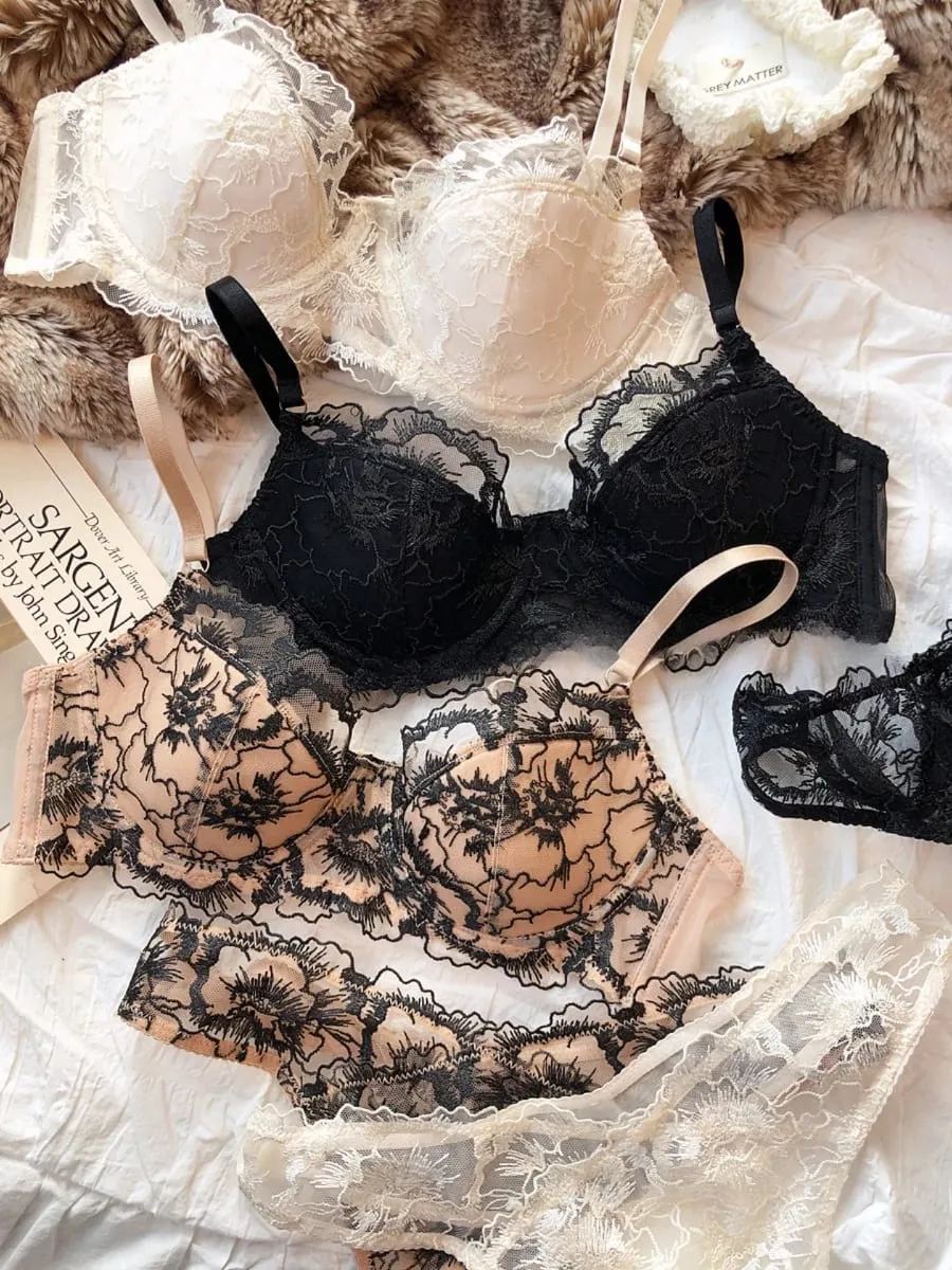 Sexy Women Underwear Set Lace Flowers Embroidery Push Up Bra Set French Thin Cup Comfort Breathable Lingerie Ladies Intimates — image 2