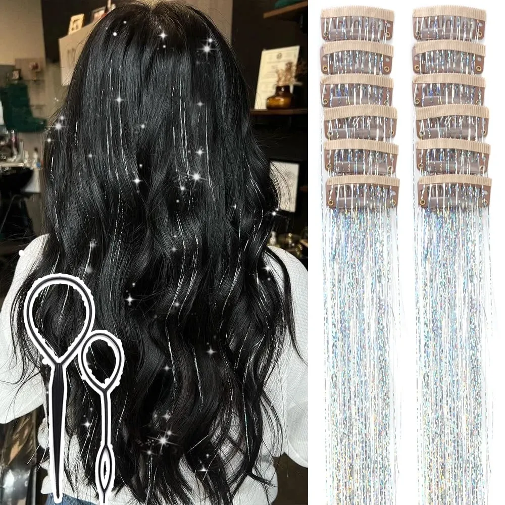 Hair Tinsel Clip in 12 Pcs Hair Tinsel Kit for Girls 20inch Synthetic Glitter Hair Accessories Clip in Hair Extensions for Women