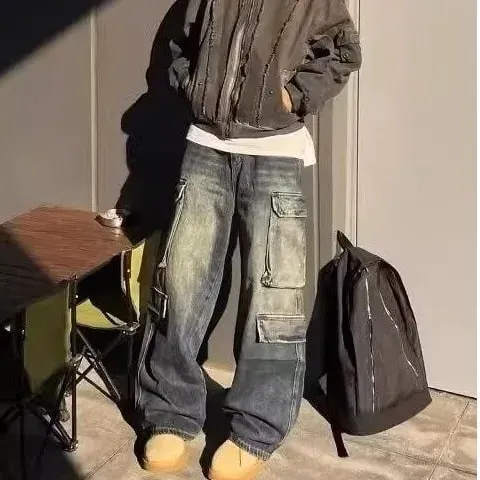 Men's Jeans Loose Fit Cargo Straight Leg Pants Vintage Wash Work Pocket Denim Trouser Man Pants Autumn Retro Streetwear
