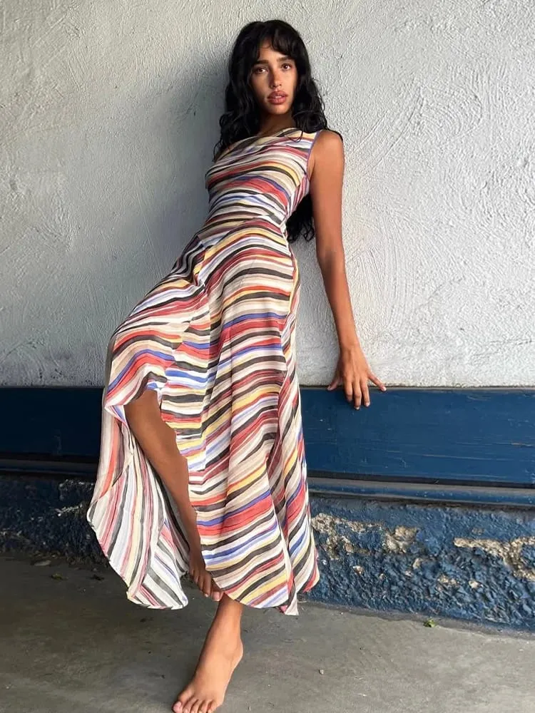 2026 Summer Colorful Stripe Long Dresses for Women Chic Sleeveless Female Midi Dress Fashion New Lady Vacation Beach Vestidos — image 5