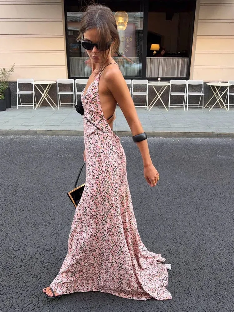 Sexy Floral Printed Sling Maxi Dress Spaghetti Strap Deep V Neck Front Black Rose Detail Ruffle Hem Lady Street Vacation Dresses — image 1