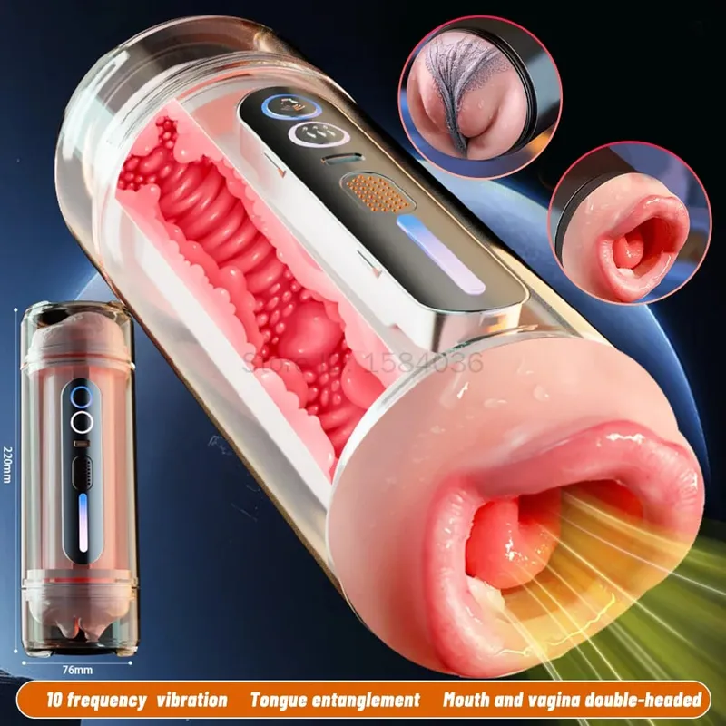 Realistic Women Mouth Vagina Double-Head Dual Penetration Male Masturbator Automatic Vibrating Blowjob Cup Adult Sex Toy for Men