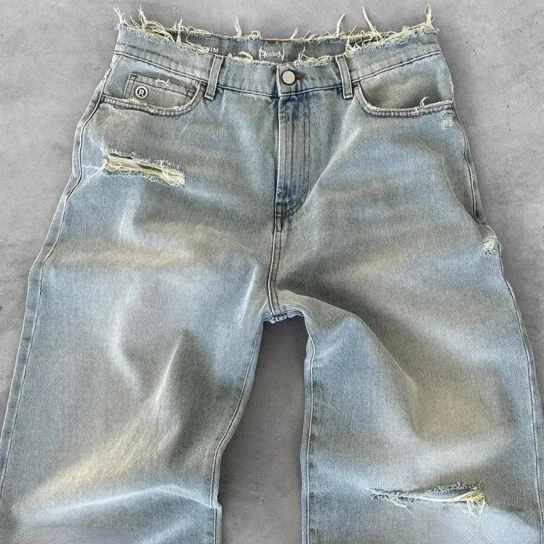Straight Jeans Distressed Men Jean Ripped Holes Washed Denim Pants Ankle Length Loose Solid Zipper Fly Pockets Casual 2026 — image 3