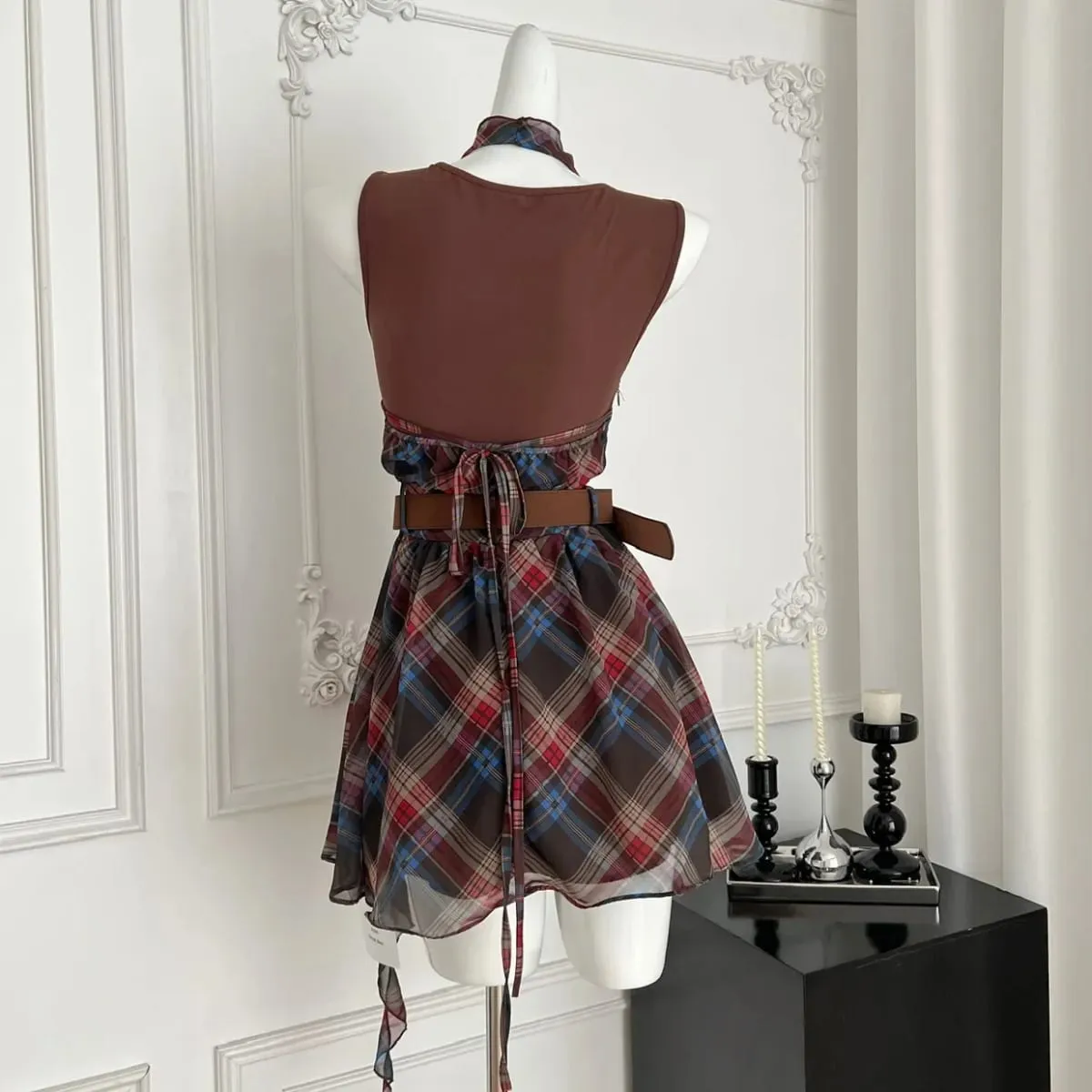 Elegant French Style Mini Dress Neck Hanging Unusual Plaid Women's Slimming Waist Dress Summer New Arrival Polka Dot Skirt