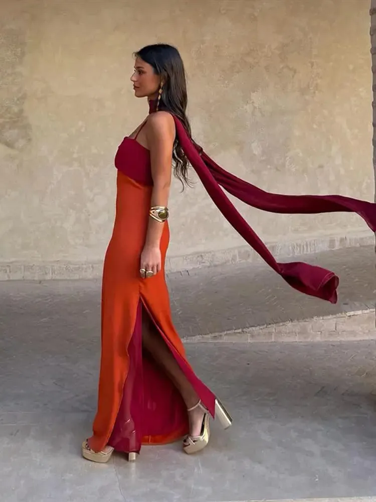 Women Dress Color Blocking Maxi Sleeveless Dresses Scarf Slimming Side Slit Long Dress Elegant Beach Vacation Party Outfit Lady — image 3