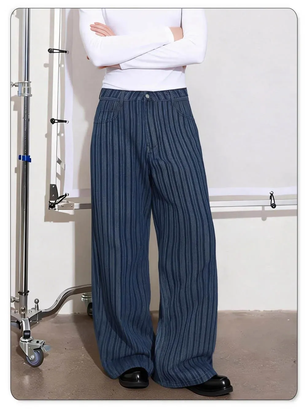 Japanese Korean Style Wavy Stripe Jacquard Fabric Baggy Wide-leg Jeans American Retro Style Business Casual Denim Pants — image 6