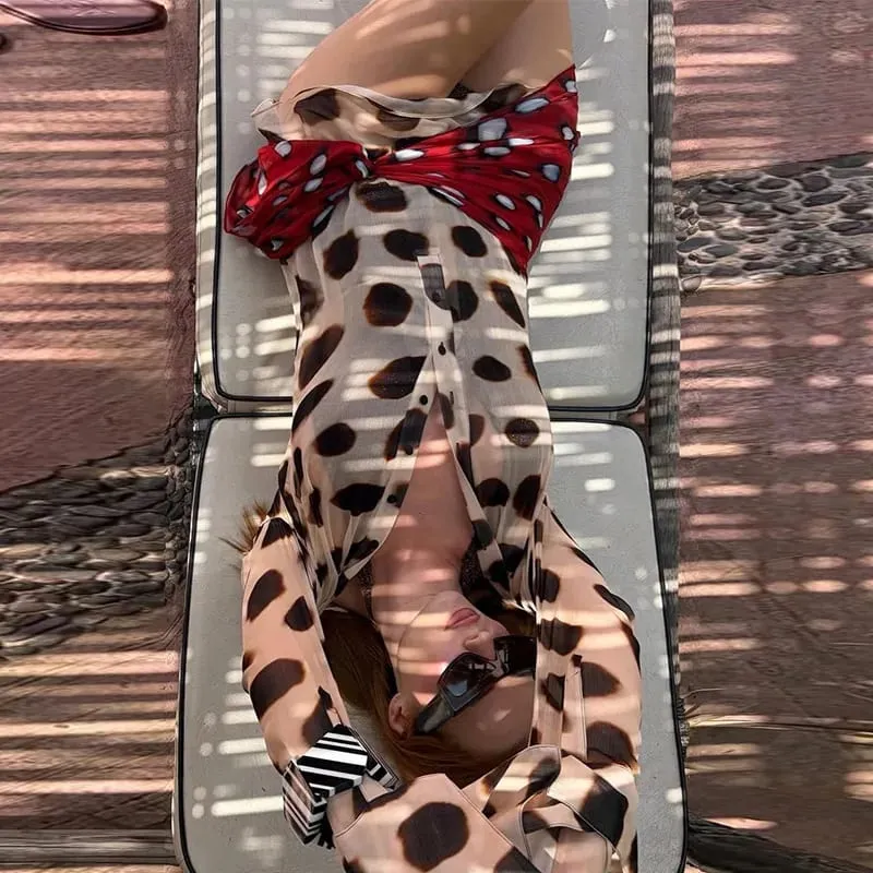 Sexy Leopard Women's Dress Full Sleeve Turn-down Collar Single Breasted Print Scarf Mini Dress 2026 Summer Chic Female Robe — image 2