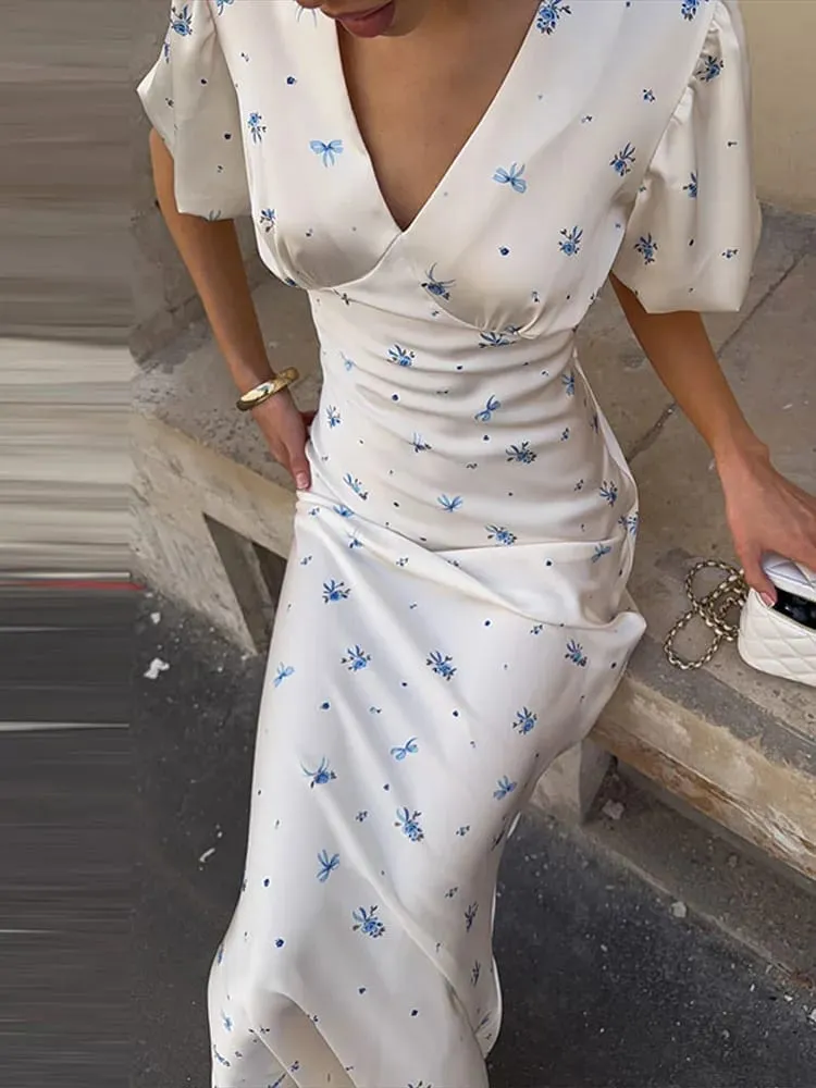 Elegant Print Women Long Dress Fashion V-neck Pleated Flutter Short Sleeve Empire Female Dresses 2026 Summer Chic Female Robe — image 2