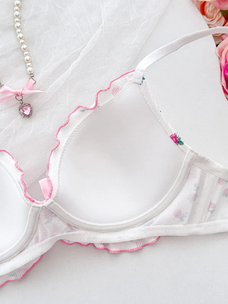Cute Floral Pattern Women's Underwear Set Stylish Bow Ribbed Bra Soft Ladies Panties Ruffled Trim A B C D Cup Women's Bra — image 4