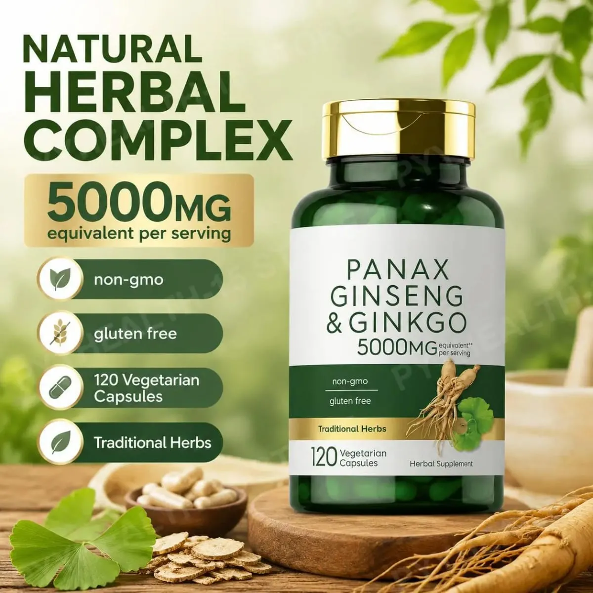 Panax Ginseng & Ginkgo Biloba 5000mg Equivalent with 95% Piperine Daily Energy Focus & Vitality Support 120 Vegetarian Capsules — image 1
