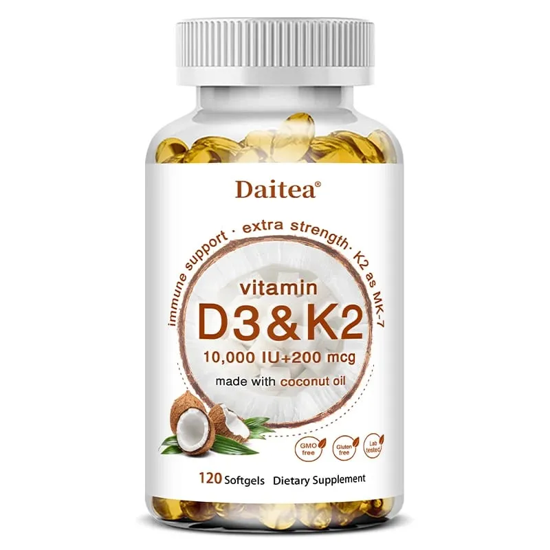 2-in-1 Vitamin D3 K2 Supplement Softgel 10000 IU VIT D3 + 200 MCG Vitamin K2 Support Calcium Absorption in Bones