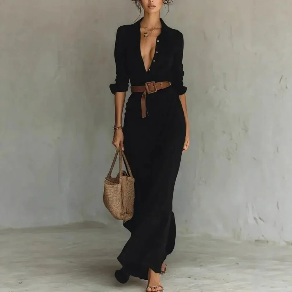 2025 New Autumn Woman Sexy Deep V Neck Hollow Long Dress Elegant Solid Belted Irregular Party Long Sleeve Slim Casual Dresses