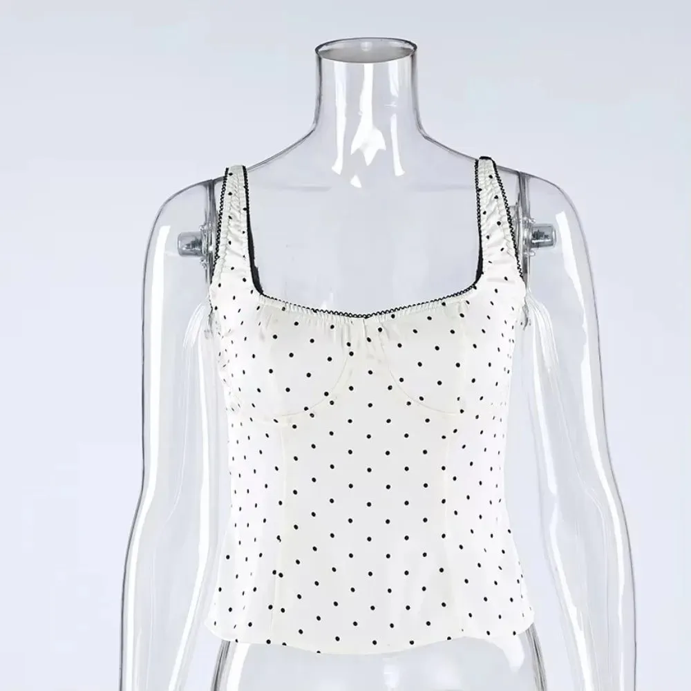 Street Chic Spaghetti Strap Polka Dot Tank Top Square Neck Slim Cropped Sleeveless Silk Vest Off-shoulder Lace Camis Female — image 4