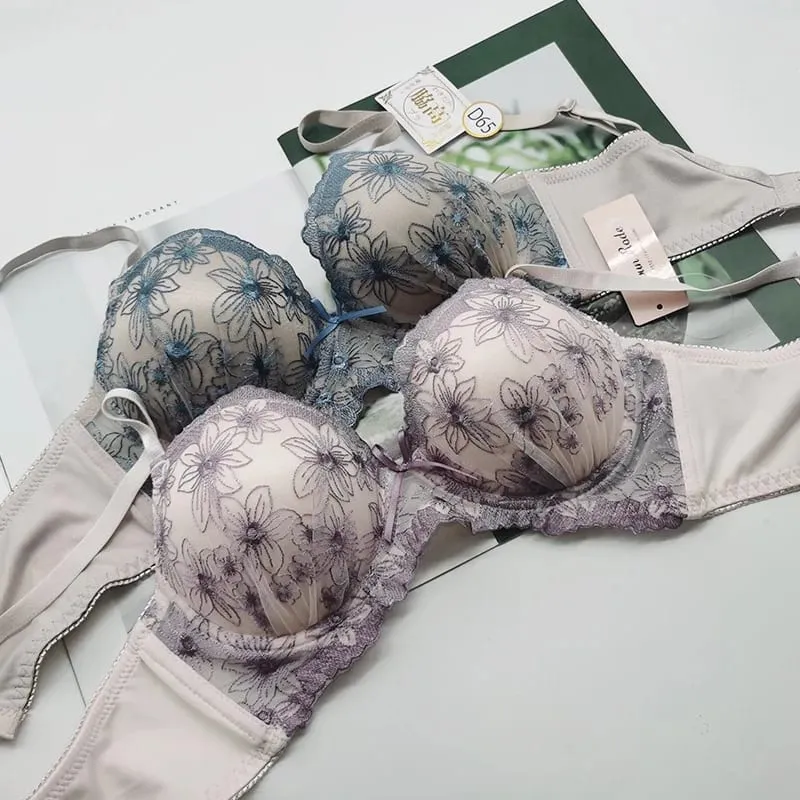 New gathering support lace bra set luxury models embroidery skin-friendly lingerie breif suit comfortable wirefree underwear — image 2